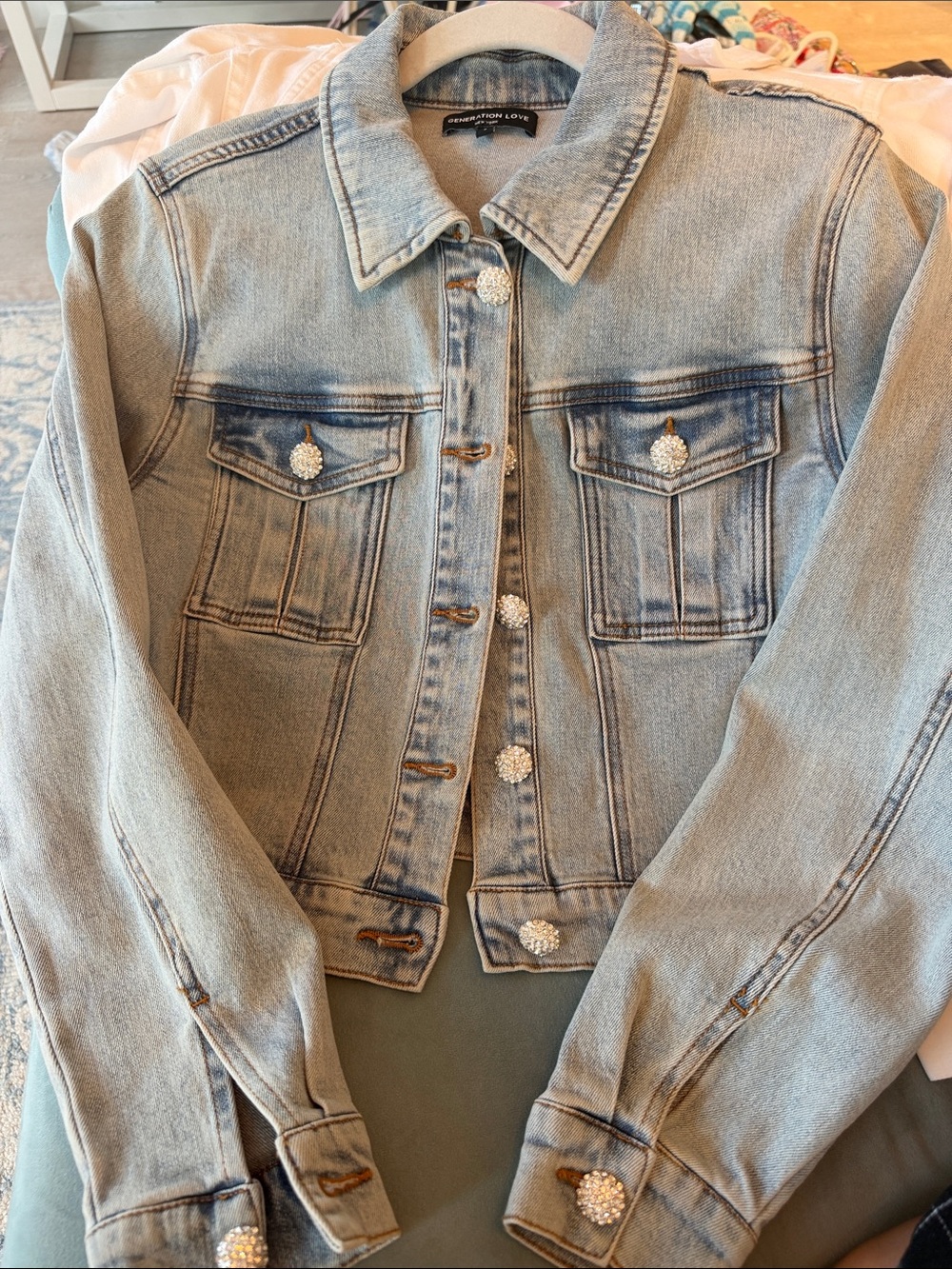 Generation Love Light Wash Denim Jacket with Crystal Buttons